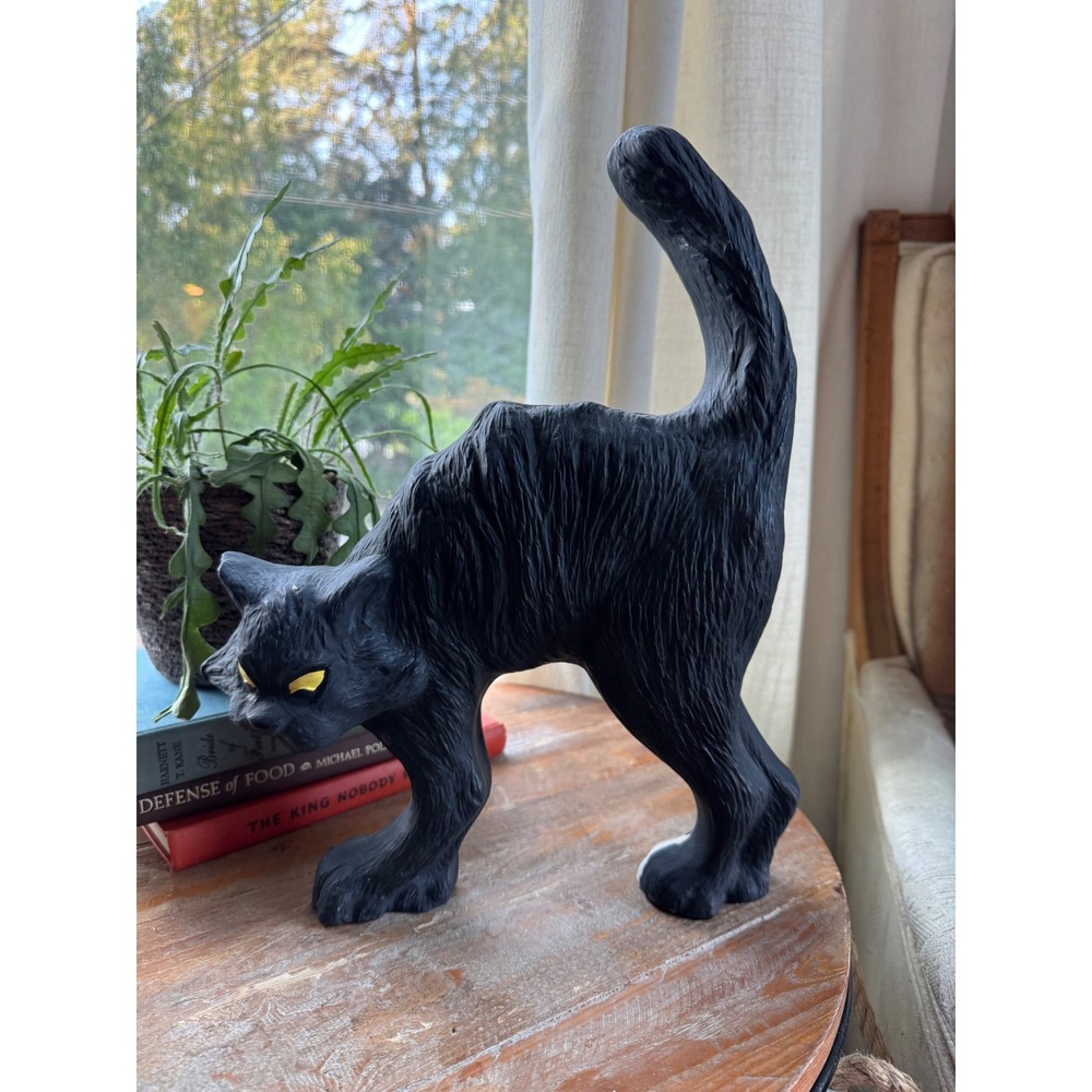 Vintage Black Cat Figurine Arched Back Halloween Decor Spooky Yellow Eyes 13.5"